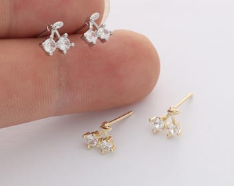 6pcs Real Gold Plated Dainty Cherry Stud Earrings, Tiny Mini Pave Earrings, Zircon Cartilage Earring Stud,Minimalist Accessories,Bulk