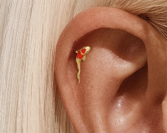 1pcs s925 Sterling Silver Red Enamel Carp Stud Earrings,Tiny Koi Fish Flat Back Labret
