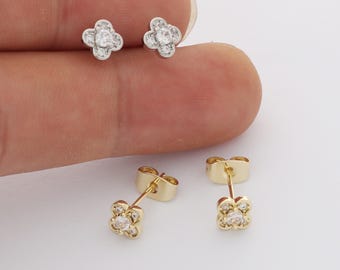 6pcs Real Gold Plated Flower Stud Earrings, Tiny Mini Dainty Earrings, Zircon Cartilage Earring Stud,Minimalist Accessories,Bulk
