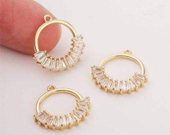 6pcs Real 14k Oro Chapado En Bronce Círculo Encanto, CZ Pave Círculo Redondo Encanto Colgante Calidad Joyería Suministro