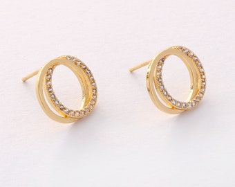 6PCS Real Gold Plated Brass Circle Earring Posts, CZ PAVE Circle Earring Stud,Zircon Round Ear Studs, Earring accessories