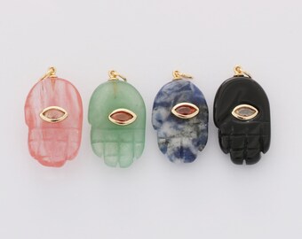 18K Gold Filled Natural Stone Hand Charm, Zircon Pave Hand Pendant,Gemstone Charm, Jewelry Making, Nickel-free and High Quality