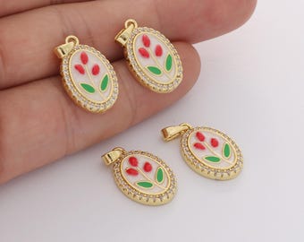 2pcs Real Gold Plated Round Enamel Flower Charm Delicate Floral Disc Pendant For Necklace/Earring Jewelry Making DIY Materials Quality
