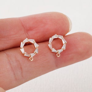 6PCS Real Gold Plated Brass Circle Earring Posts, CZ PAVE Circle Earring Stud,Zircon Round Ear Studs, Earring accessories