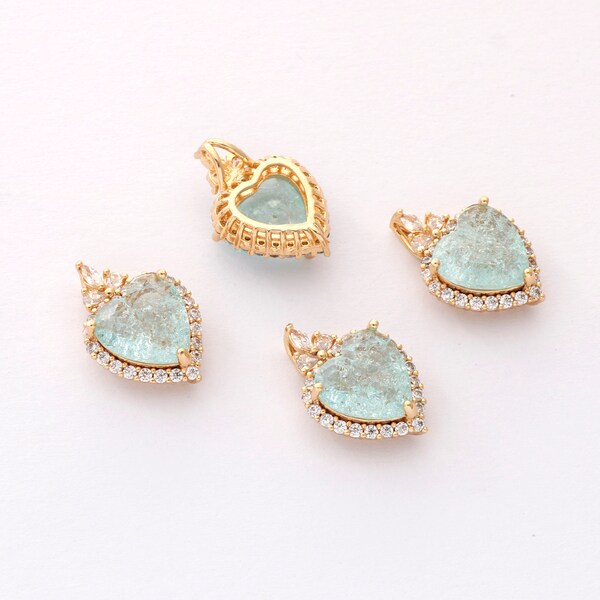 2pcs Real Gold Plated Faceted Lucite Heart Shape Channel Set Stones, iceblue Zircon Pendant,Luxury Heart Gemstone,Craft Supplies