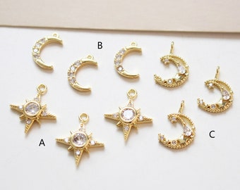 6pcs Nickel Free Real 18K Gold Plated Star Charm,Gold Initial Charm,Vermeil moon Pendant,Tiny Gold Star,cz pave star Charm