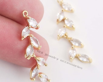 6pcs cz pave Leaves charm, colgante de collar de pulsera, pave charm, chapado en oro real sobre latón