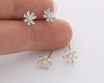 6pcs Real Gold Plated Dainty Snowflake Stud Earrings, Tiny Mini Pave Earrings, Zircon Cartilage Earring Stud,Minimalist Accessories,Bulk