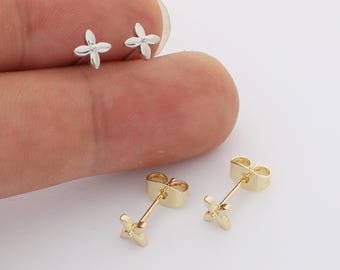 6pcs Real Gold Plated Flower Stud Earrings, Tiny Mini Dainty Earrings, Zircon Cartilage Earring Stud,Minimalist Accessories,Bulk