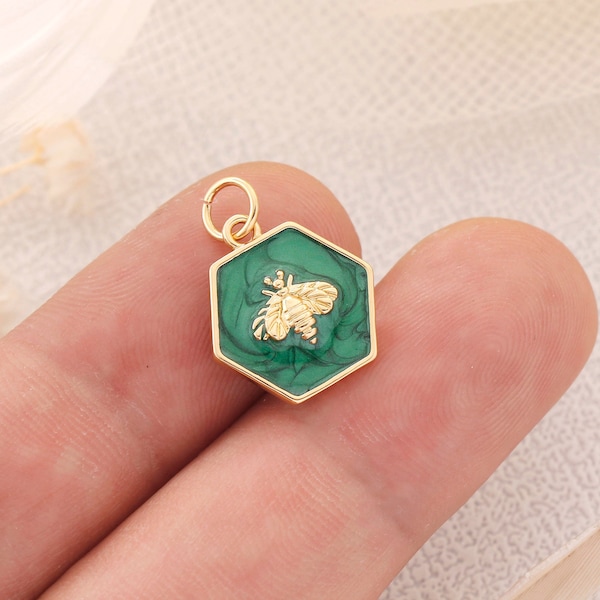 6pcs Nickel Free Real Gold Plated Green Enamel Bee Charm,Tag Cahrm,Gold Initial Charm,Vermeil Bee Pendant