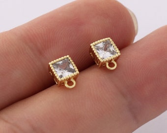 6PCS Real Gold Plated Brass Zircon Rectangle Earrings Posts, Earring Stud,Tiny Mini Teardrop Ear Studs