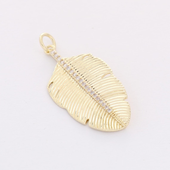 Real Gold Plated Feather Charm, Zircon Feather Pendant, cz Pave Charm, High Quality, Nickel-free