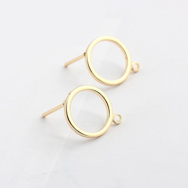 10PCS Real Gold Plated Brass Circle Earring Posts, Earring Stud,Round Ear Studs, Earring accessories