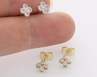 6pcs Real Gold Plated Flower Stud Earrings, Tiny Mini Dainty Earrings, Zircon Cartilage Earring Stud,Minimalist Accessories,Bulk