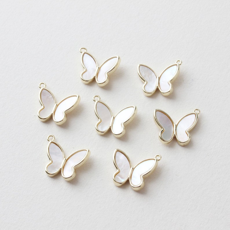 6pcs Real gold Plated Shell Butterfly Charm, Pearl White Butterfly, Pearl Butterfly Charm,Zircon Butterfly Charm, Necklace Pendant image 4