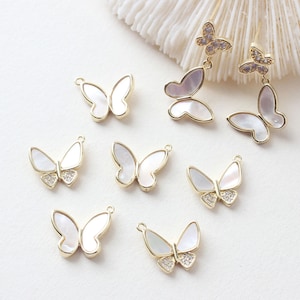 6pcs Real gold Plated Shell Butterfly Charm, Pearl White Butterfly, Pearl Butterfly Charm,Zircon Butterfly Charm, Necklace Pendant image 1