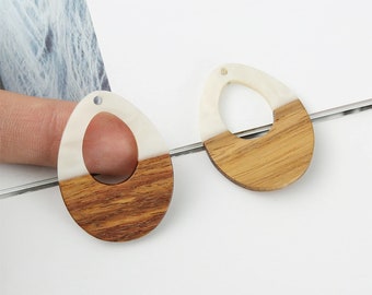 4pcs Epoxy Resin Pendants, Teardrop Translucent White Resin Findings, Wood and Resin Pendant, Color Blocked, Large Round Charm