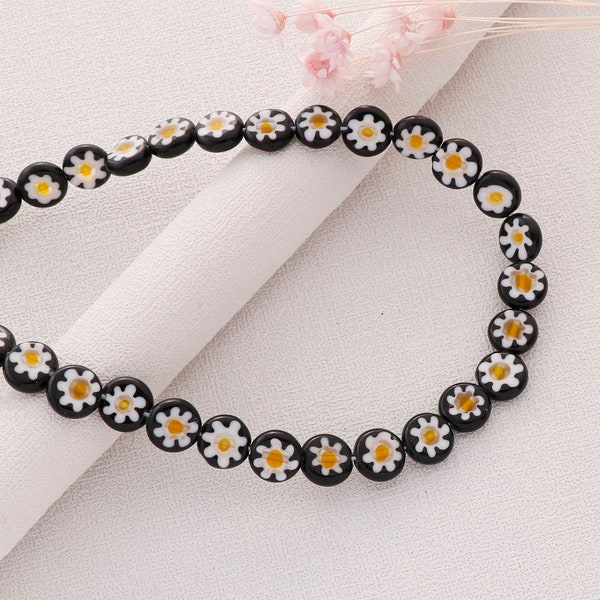 Millefiori Murano Flower Beads Glass Strands, Black Daisy, 8mm Flower Spacer Beads, Necklace Bracelet Accessories