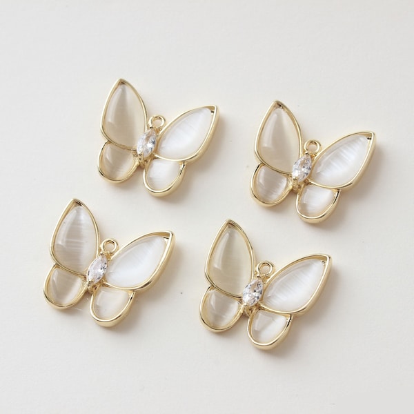 4pcs Vero oro placcato Opal Butterfly Charm, Pearl White Butterfly, Pearl Butterfly Charm, Collana Pendente, Bracciale Charm