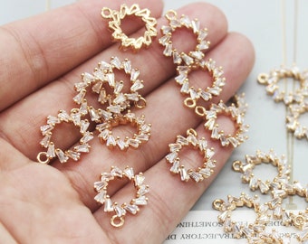 10pcs Gold Plated Brass Charm, CZ Pave Round Circle Charm Pendant Quality Jewelry Supply