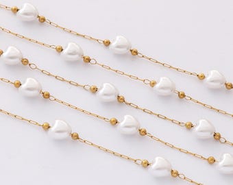 18K Gold Plated Stainless Steel Heart Pearl Chain, Gold Link Chain, Cable Chain, Soldered Chain, Rectangular Chain, Gold Plated Chain