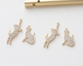6pcs Real 18K Gold Plated Cat Charm,CZ PAVE Cat, Zircon Cat Charm,Animal Charm, Cat Drop,Jewelry Making