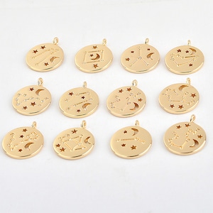 5pcs Real 18K Gold Plated Twelve constellations Charm,Gold Initial Charm,Vermeil Letter Pendant,Gold Initial Charms,Round Coin Charm