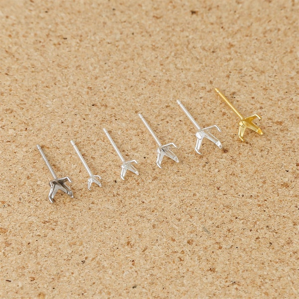 20Pair 925 Sterling Silver Claws Prong Set Ear Posts, 2.5MM/3MM/4MM/5MM/6MM/8MMTwig Textured 4 Prong Earring Studs, Gemstone Earring Blank