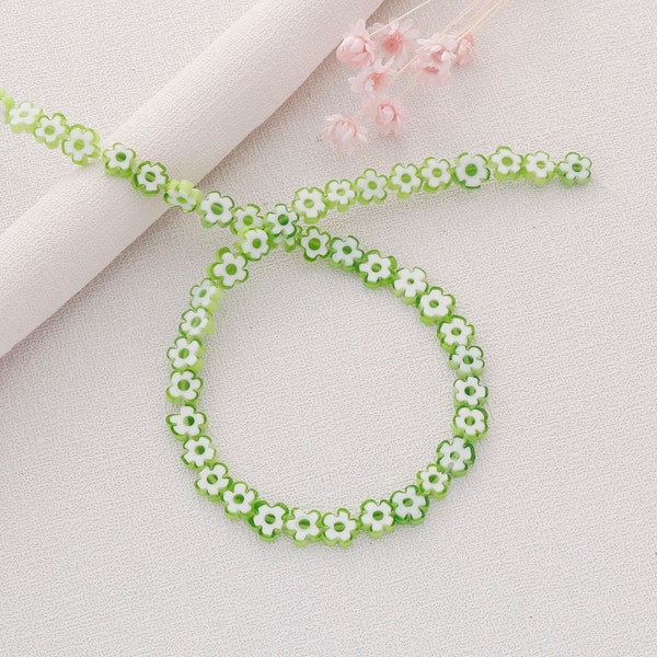 Millefiori Murano Flower Beads Glass Strands, Apple Green Daisy, 8mm Flower Spacer Beads, Necklace Bracelet Accessories