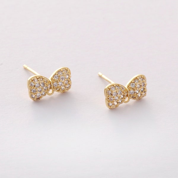 6PCS Real Gold Plated Brass Earring Posts,Earring Stud,cz Pave Bowknot Stud Earrings With Ring,Earrings Attachment,Crystal Ear Wire
