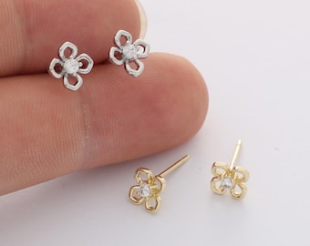 6pcs Real Gold Plated Flower Stud Earrings, Tiny Mini Dainty Earrings, Zircon Cartilage Earring Stud,Minimalist Accessories,Bulk
