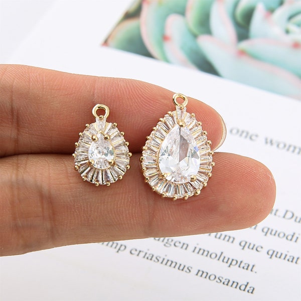 10pcs Gold Plated Teardrop Zircon Charm, cz Pave Teardrop Pendant, Jewelry Making Materials