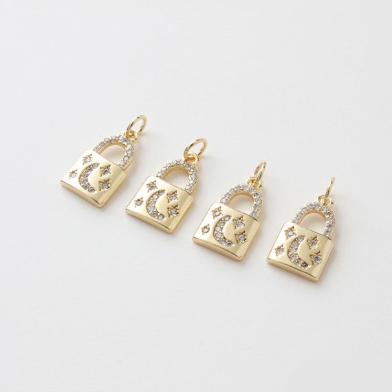 4PCS Real Gold Plated Brass Lock Charm, Zircon Lock Charm, CZ Pave Lock Pendant, Accessories Jewelry Making