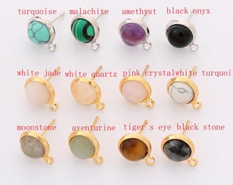 6pcs Real Gold Plated Natural Stone Earrings Stud,Quartz Gemstone Stud Earrings,Round Bezel Gemstone Earring Findings,Designer Earring diy