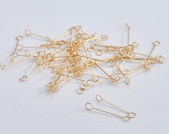 100個 高品質 14K 金メッキ 真鍮 アイピン 15 MM/20 MM/25 MM/30 MM/40 MM ダブル アイピン コネクタ ジュエリー 金具