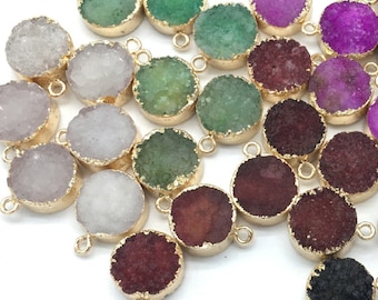 10psc, Natural Druzy Charm Crystal Pendant,15mm,Round Shape Gold Plated Edged raw quartz stone pendant charms,wholesale,wedding supplies