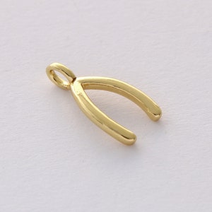 May include: A gold-colored wishbone charm pendant. The charm is shaped like a wishbone and has a loop at the top for attaching to a necklace or bracelet.