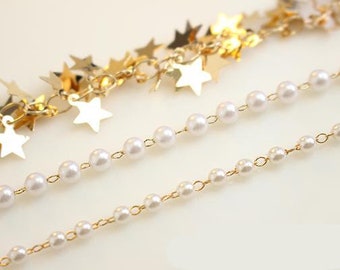 45CM. 5MM Pearl Beads Chain,Gold Chain, Loose, Star Chain,Collar Necklace diy, Chain Suppy, Jewelry Finding ,ideal for choker