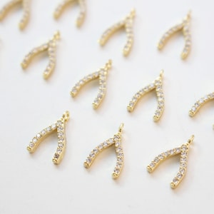 10pcs Real Gold Plated Brass Charm, CZ Pave Wish Bone Charm Pendant, Wish Charm , Gold Wishbone