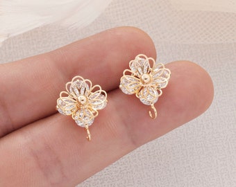 10pcs Real Gold Plated Brass Flower Earrings, Tiny Rose Earrings,Flower Ear Post, Gold Flower Post earrings,Earring accessories