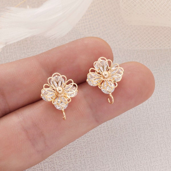 10pcs Real Gold Plated Brass Flower Earrings, Tiny Rose Earrings,Flower Ear Post, Gold Flower Post earrings,Earring accessories