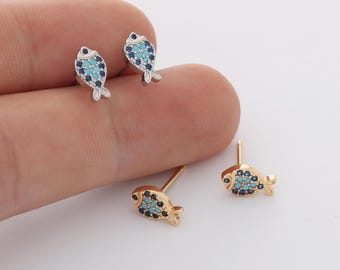 6pcs Real 18k Gold Plated Dainty Fish Stud Earrings, Tiny Mini Pave Earrings, Zircon Cartilage Earring Stud,Minimalist Accessories,Bulk