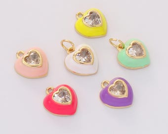 18k Gold Filled Colorful Enamel Heart Charm Zircon Pave Heart Pendant For Necklace Bracelet Jewelry Making Nickel Free