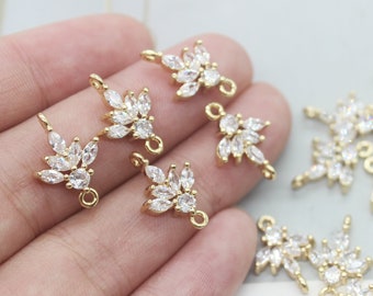10pcs cz pavé feuilles charme, pendentif collier bracelet, charme pavé, plaqué or sur laiton