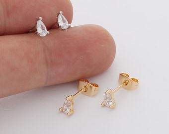 6pcs Real Gold Plated Dainty Teardrop Stud Earrings, Tiny Mini Pave Earrings, Zircon Cartilage Earring Stud,Minimalist Accessories,Bulk