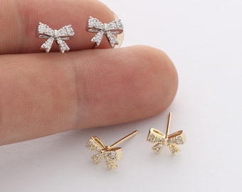 6pcs Real Gold Plated Dainty Bow Stud Earrings, Tiny Mini Pave Earrings, Zircon Cartilage Earring Stud,Minimalist Accessories,Bulk
