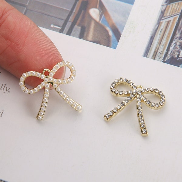 10pcs Alliage Charm, Strass / Pearl Bow Charm, Pendentif Strass Bow