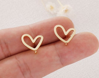 10PCS Real Gold Plated Brass Heart Shape Earring Posts, Earring Stud,Heart Ear Studs, Earring accessories
