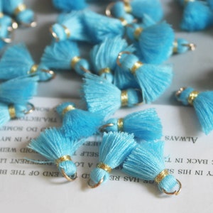 May include: A group of light blue tassels with gold accents. The tassels are scattered on a white surface with text.