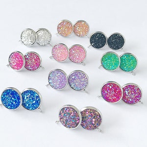 10pair Resin Druzy Earrings,Round Glitter Resin Cabochons Earrings,Druzy Ear Stud,12mm Fake Druzy Post with loop, Stainless steel earrings